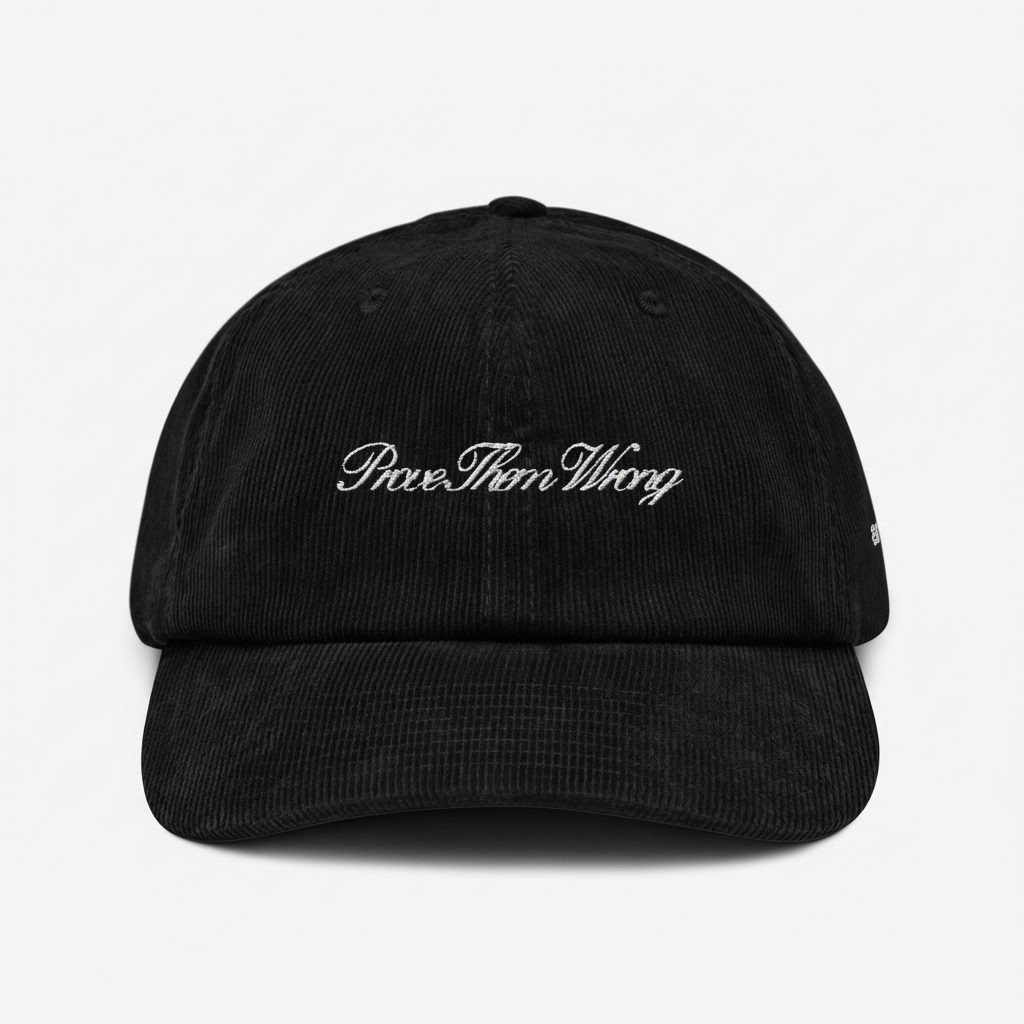 PROVE THEM WRONG | CORDUROY CAP | BLACK med ljusgrå bakgrund